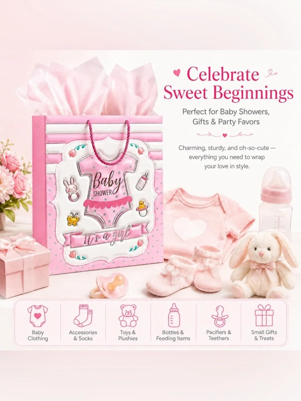 Baby Girl Foil Onesie Gift Bag – Pink Design with Tissue & Card